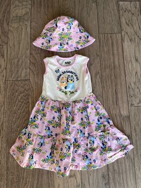 Bluey So Beautiful Pink Floral Dress & Hat Set 5t